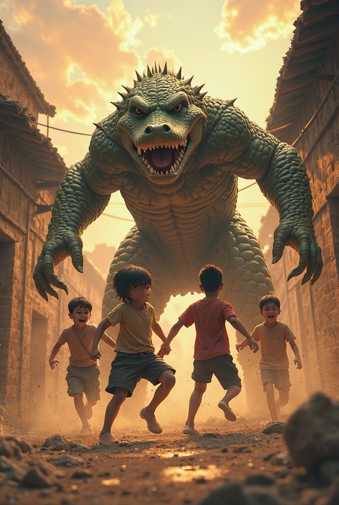 in 3d Animation style "**Villagers in fear**: Villagers fleeing in panic as the monster rampages."

