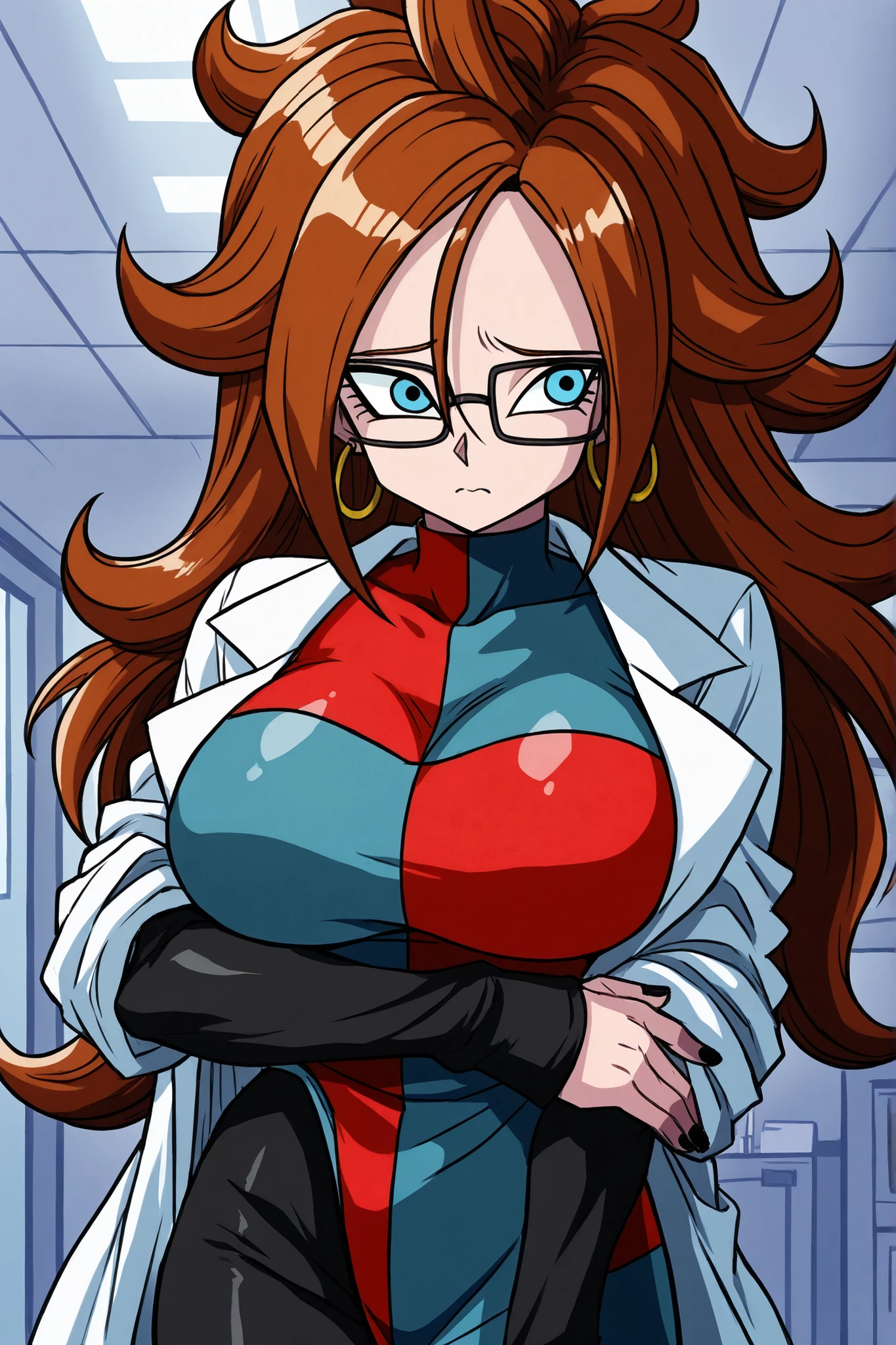 android 21, blue eyes, brown hair, glasses, long hair, very long hair, black-framed eyewear, scared, close mouth, black sleeves, checkered clothes, checkered dress, detached sleeves, dress, lab coat, turtleneck, indoors, Black pantyhouse looking to the right, sexy body, large breasts, front view, Black pantyhouse, Black pants, black nails, lying on the floor