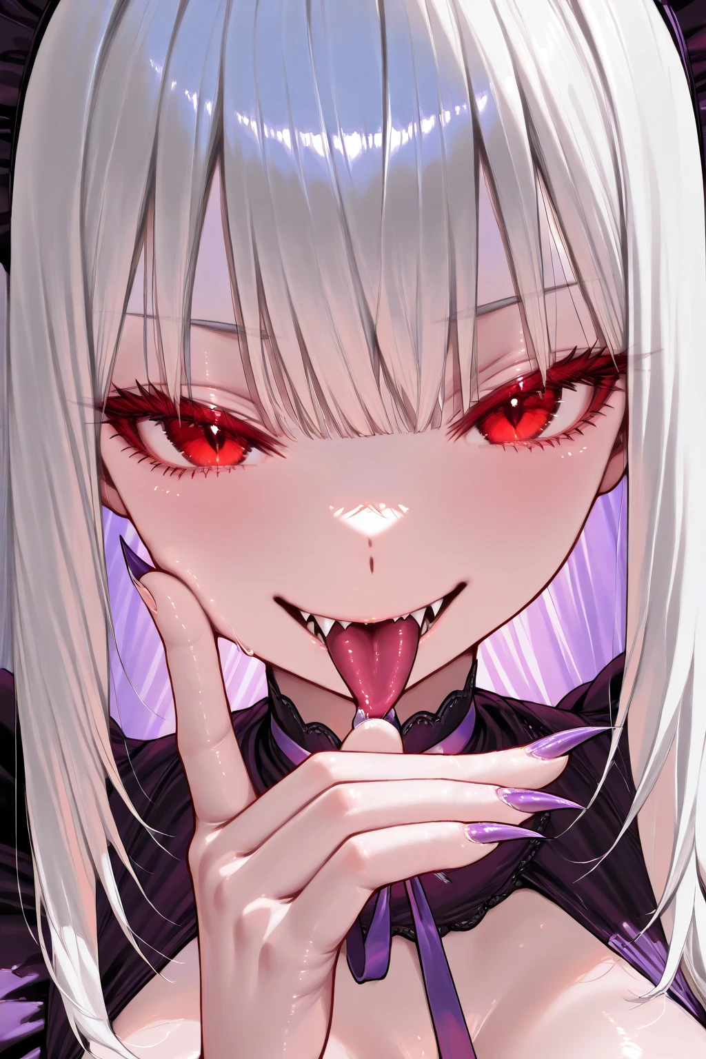 top quality、sexy woman、Maid、Devil、Devilの翼、red eyes、silver hair、purple accent color、Shiny long hair、Maid衣装、Sharp Claws( glows red)、Lick Your Nails With Your Tongue、Smile mischievously、Night mansion、Darkness、dynamic、dramatic、upper body close-up