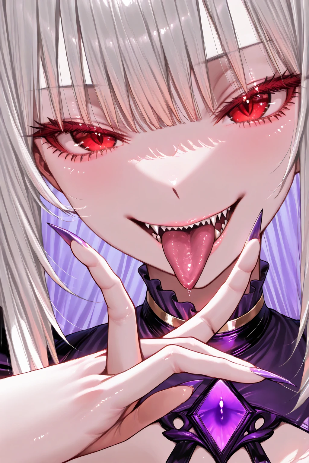 top quality、sexy woman、Maid、Devil、Devilの翼、red eyes、silver hair、purple accent color、Shiny long hair、Maid衣装、Sharp Claws( glows red)、Lick Your Nails With Your Tongue、Smile mischievously、Night mansion、Darkness、dynamic、dramatic、upper body close-up