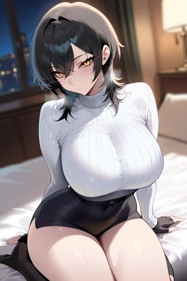 NSFW Standing pose Anime drawing with vivid colors Tall woman:1.9 Black and red idol-style sexy cosplay costume miniskirt, troubled face, glaring, wrinkles on the brow, tears, flushed cheeks, night:1.3 Apartment bedroom, white sheets, short black hair, ponytail:1.9 Straight hair, bangs swept to the side:1.9. Slanted eyes, brown eyes, tall, big breasts, strong-willed, beautiful