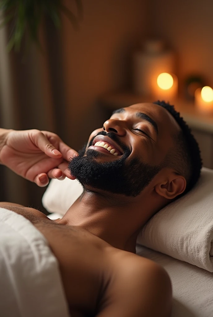 ((long distance shot:1.5)), a black man, small beard, wrinkled, weathered, with piercing eyes, laughing, detailed face, high details, posing staying on the table, apartment on the background, naked