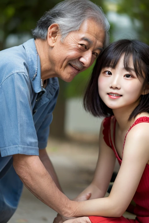 An adorable girl of about 4 years old and a kind-looking grandfather are watching the sunset on the riverbank.