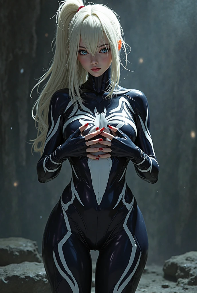 masterpiece,8k,lifelike,Good lighting,(( 25 years old girl,Black Spider-Man Venom Suit,There is white on the chest))),long hair,blunt,pretty face,rain,roof,masterpiece,crack detail,perfect anatomy,(((Swinging in the network))),( spread legs, camel toe,, vulva shape:1.3),(GGcamel toe:1.3),