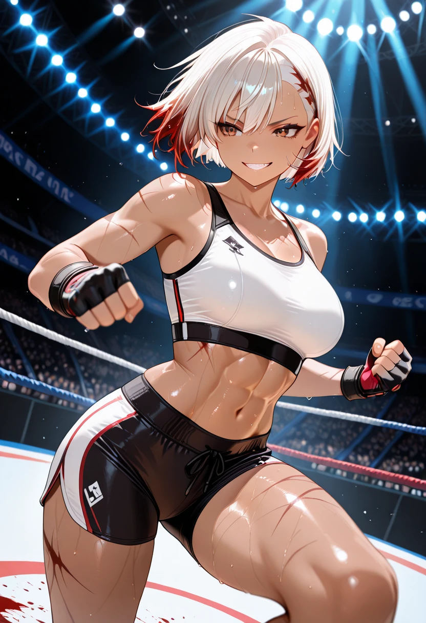 1womanl、boxing、fists up、short-haired、White hair、Sportsbra、spats、Highly exposed、frontage、