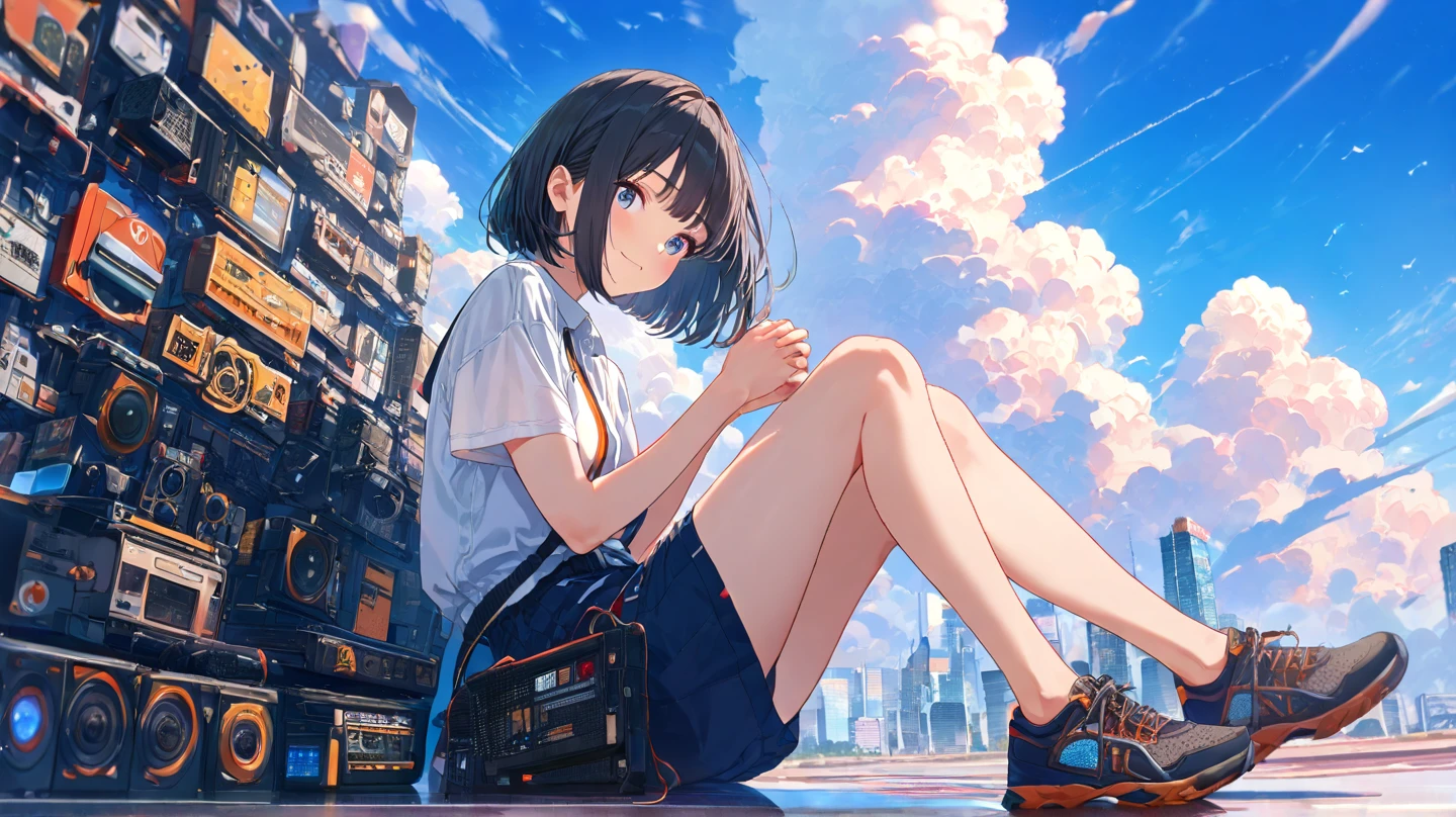(Excellent: 1.2), (Highest Quality: 1.2), (Ultra Detailed: 1.2), (Girl sitting on ledge overlooking city, watching sunset, short white hair, hoodie, hip hop), (Skyscrapers, post-apocalyptic, anime style cityscape), (32K aesthetics, Beautiful art UHD 4K, Beautiful artwork illustration, Beautiful digital painting, Highly detailed digital painting, Beautiful digital artwork, Detailed painting 4K, Highly detailed digital painting, Rich painterly colors, Gorgeous digital painting)