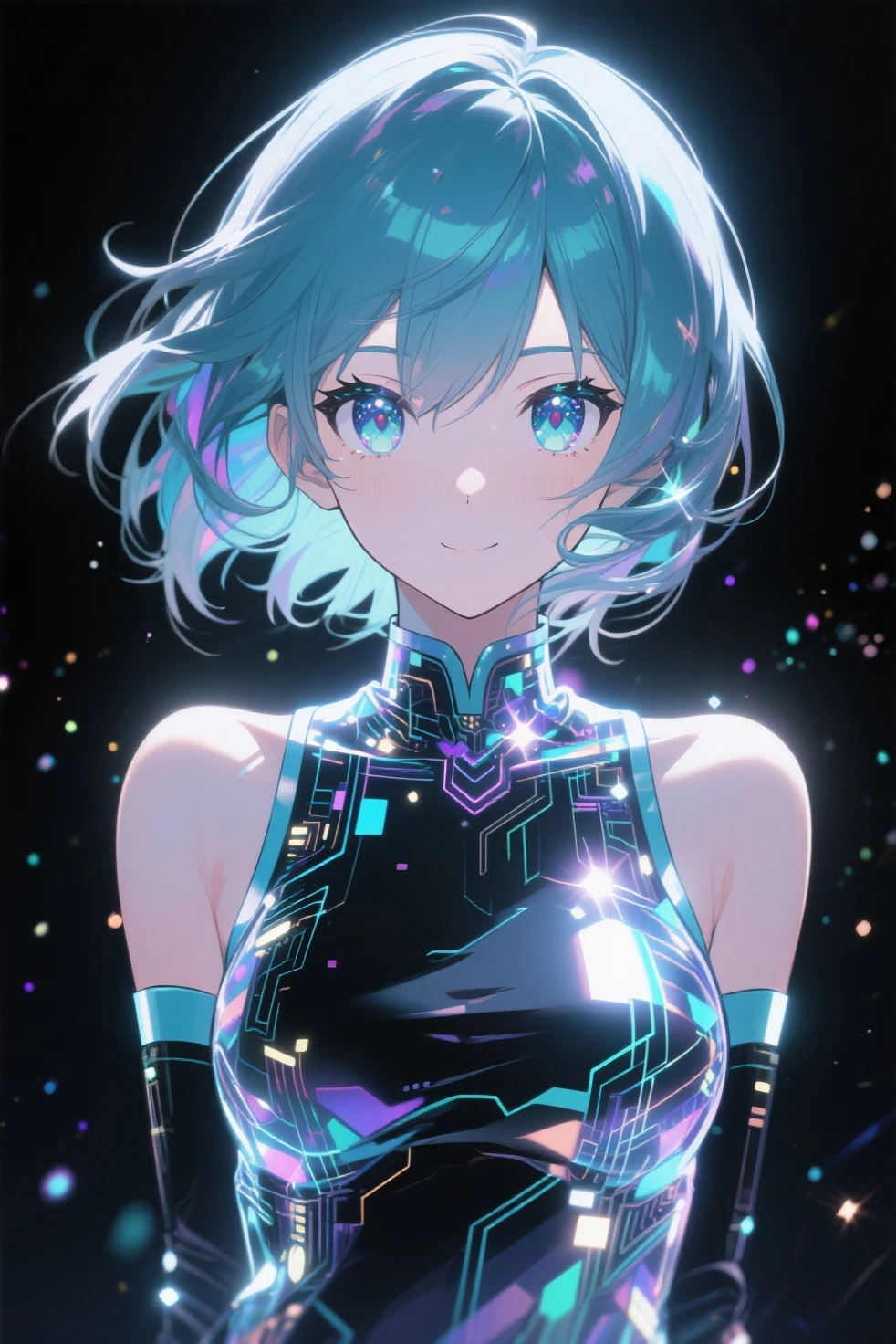 (Photorealistic:1.4)、(16-year-old:1.5),(masterpiece、lens flare、Exquisite beautiful eye:1.5,portlate:1.5),(),(kind eyes、tareme:1.9),(Close-up of face,face focus1.7)、(looking up at viewer),(from above:1.6)、Cute Face、 3D Face、(aqua hair:1.5)、(long  hair,:1.2),(sidelock :1.3),(blunt bangs:1.3),(1  lgirl)、(aqua eyes:1.2)、(cowboy shot:1.5)、、(smile:1.2)、(Fishnet tights:1.3).(),(head tilt) ,(),(flat chest),(),(hologram strapless leotard :1.5),(art background:1.5)、(Detail)、(Reflection:1.5)、Slim Body(),Shiny Hair、laser、chr0m3dr3ss, dress, chrome dress,