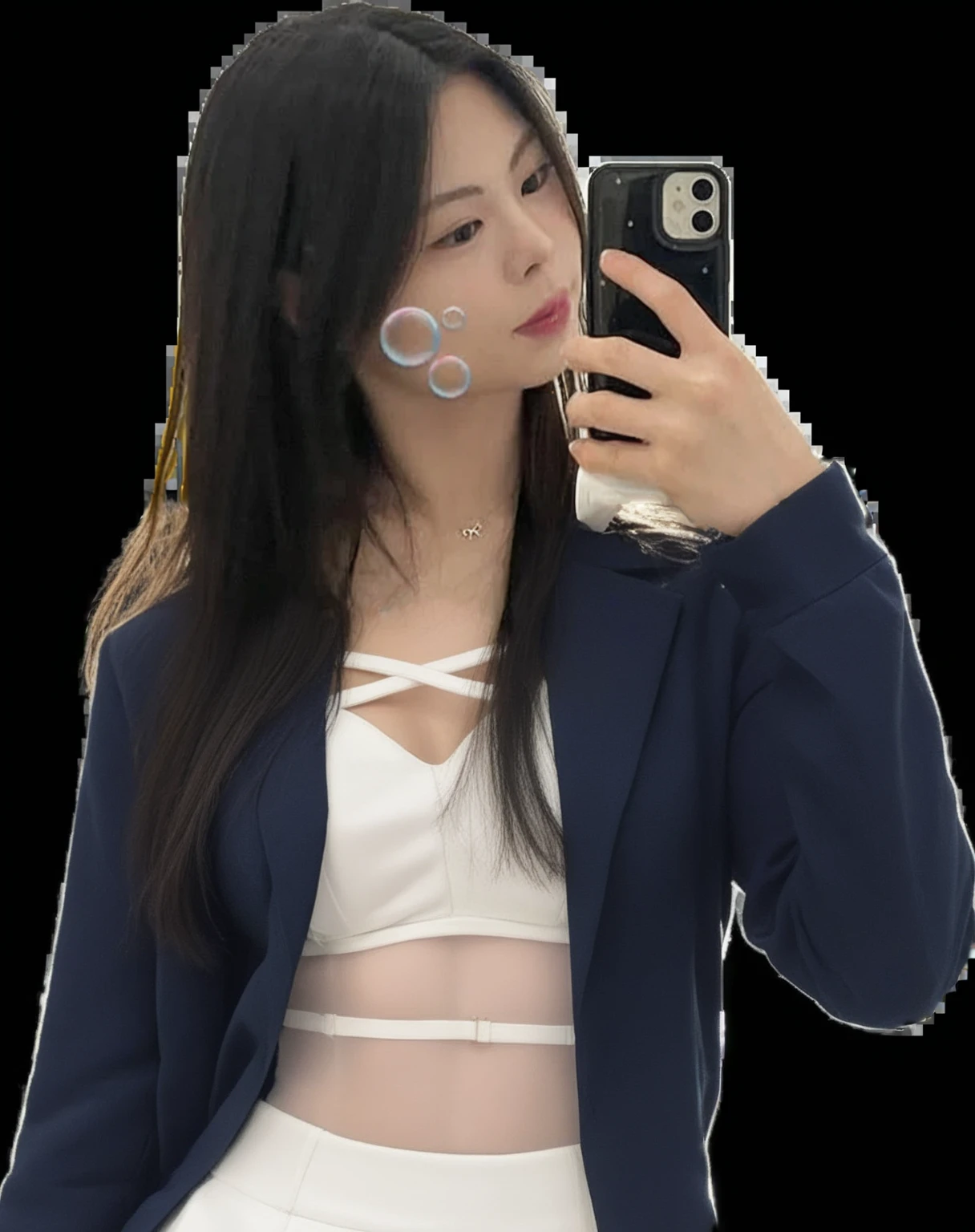 "A young adult Latina woman with long black hair styled in curtain bangs, very beautiful, with medium-sized, pointed breasts, thin legs, a small butt, slightly full lips, and large brown eyes. She is wearing jeans and a short black blouse with no neckline. She also has aviator-style glasses."