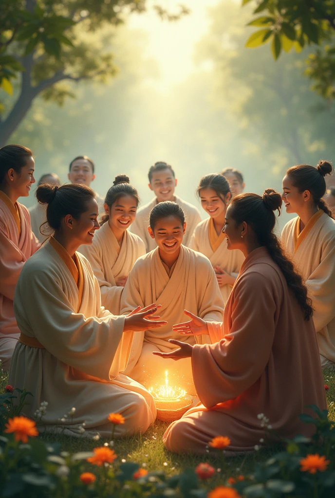 "Description: Illustrate scenes where individuals prioritize what is truly important in life based on their beliefs about the afterlife. Show moments of family bonding, quiet contemplation, and acts of generosity that reflect their understanding of eternal values and God's purpose for their lives.

Details: Use serene colors and natural settings to evoke a sense of simplicity and authenticity. Include symbols of love, unity, and spiritual growth such as hands clasped in prayer, shared meals, and meaningful gestures of kindness. Show expressions of joy, gratitude, and contentment on the faces of those cherishing meaningful moments and relationships, symbolizing their alignment with God's will and eternal values.

"