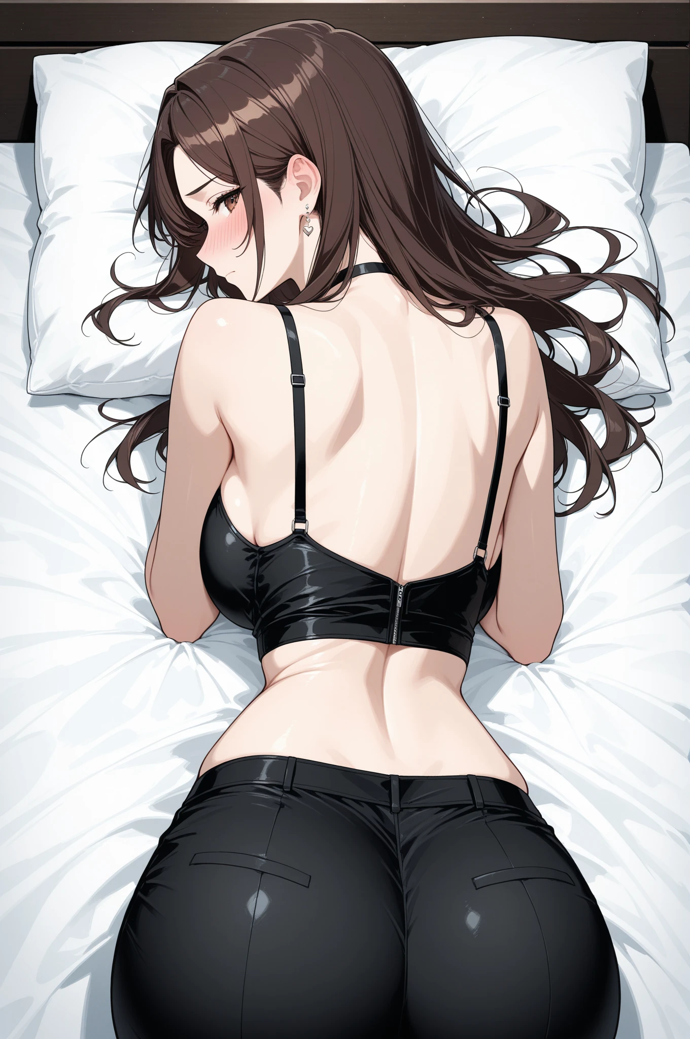 sekijou sawako, shibari, anime picture, bondage, bound, brown hair, long hair, stripped, best quality, ultra-detailed, high resolution, extremely detailed cg, unity 8k wallpaper, masterpiece, perfect body, anime picture, femsub, BDSM, yellow panty, black bra, at night, body is turned around, lying down, in bed, dark room, Sekijou Sawako, gym storeroom, wrist tied up together behind her back, bracing
