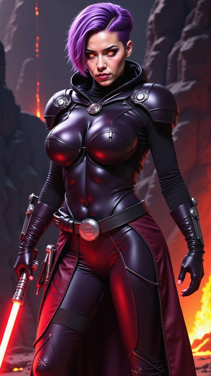 busty, masterpiece, best quality, highly detailed, award winning, high definition, ((red skin), twi'lek), dual red lightsabers, evil space knight, space ninja, (black robes, black stealth armor, breastplate, tunic, tabard, cowl, cloak, body glove, straps, buckles, skirts, long sleeves, fantasy, ((armor))), ((busty), slender body, thin, slim sexy body, slim waist, (((huge breasts)))), Imperial starship, Star Wars,