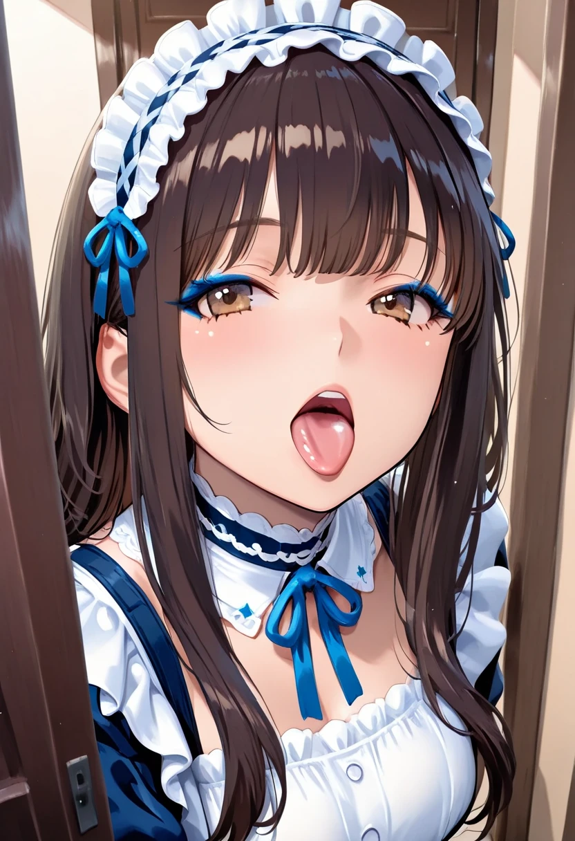 masterpiece, highest quality, 1 girl,Elzhda Rina, Brown-haired side hair、Semholt's back hair、purple eyes(heart shaped pupil hat、Sexy、bedroom background、full nude、Gcup breast、blush、Face during estrus、Only the upper body is visible、Courtship action、dripping with open mouth、Close-up