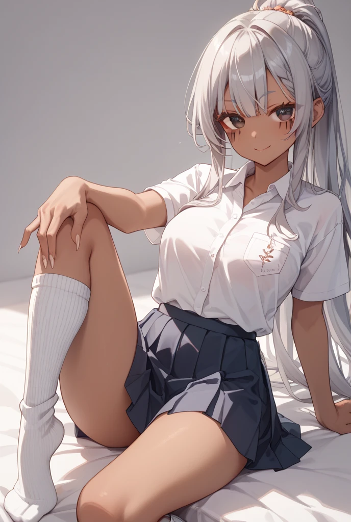 very cute and beautiful girl,(Very detailed美しい顔), (smile),blush,Black Hair,Seraphim,((White Hair、long hair)),(White Shirt、Pleated navy blue pread your legs、Squat)、Sitting、(From below)、(Lace panties), Country road, (Highest quality,masterpiece:1.0),Absurd,High resolution,Super detailed,Very detailed,32K,8k resolution, Intricate details,Movie Scenes,Detailed Background,alone,Dynamic Angle,