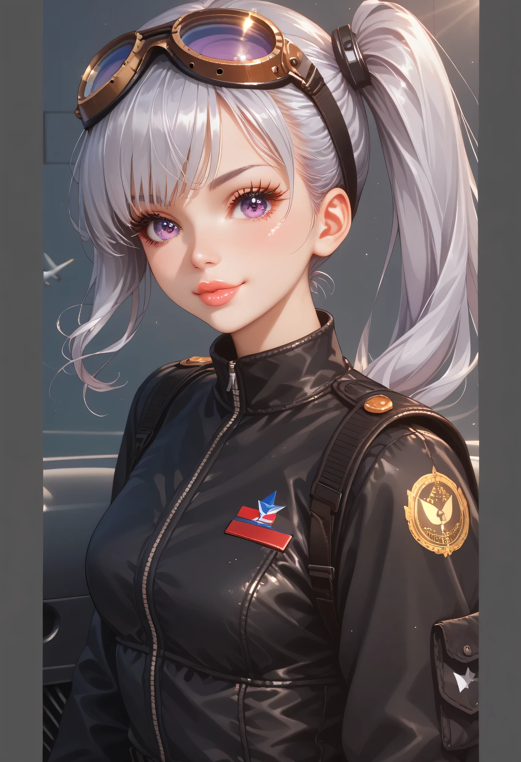 1 Girl, Alone, \ characters " atlus"\, ROUGH, ((cute face, Silver Hair, long side ponytail, Glossy lips, Light purple eyes, Beautiful irises, Beautiful eyes and lips, long eyelashes )), smile, goggles on head, pilot uniform , standing , aircraft background , Viewers, Warm sunshine, bright color, (Best Quality:1.2, very detailed, ultra high resolution, anime style, Detailed CG Illustrations , masterpiece:1.2), Intricate Details, natural environment, Chiaroscuro, soft focus .
