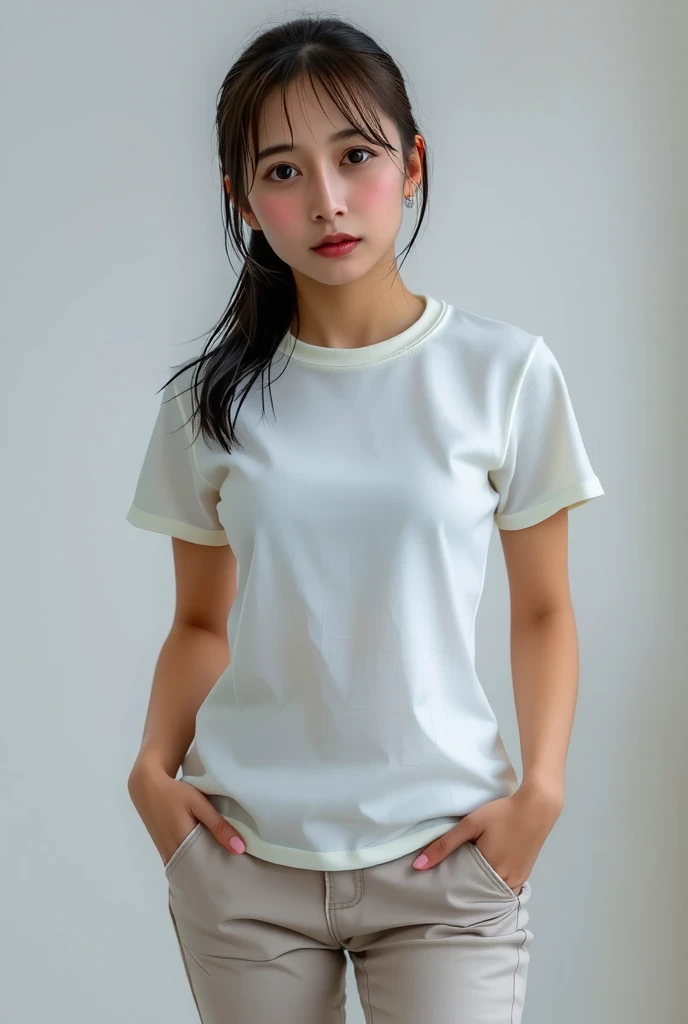 A women who set  white t shirt in camera pose