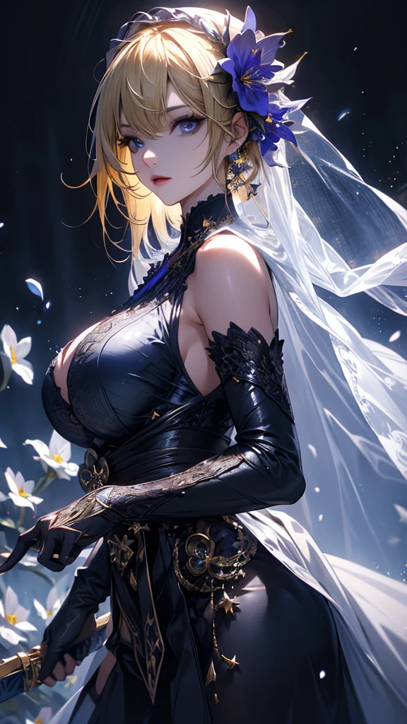 masterpiece, high quality, 4K, Beautiful design, silhouette,Blonde Mohawk,, 非常に詳細な夜のStarry Sky,Flower Field, wonderful, Finer details, Very knowledgeable woman, Highly detailed solo, 1 female,Beautiful Eyes,tears,Big Breasts,White sleeveless,rain,Night view,Starry Sky,full moon,