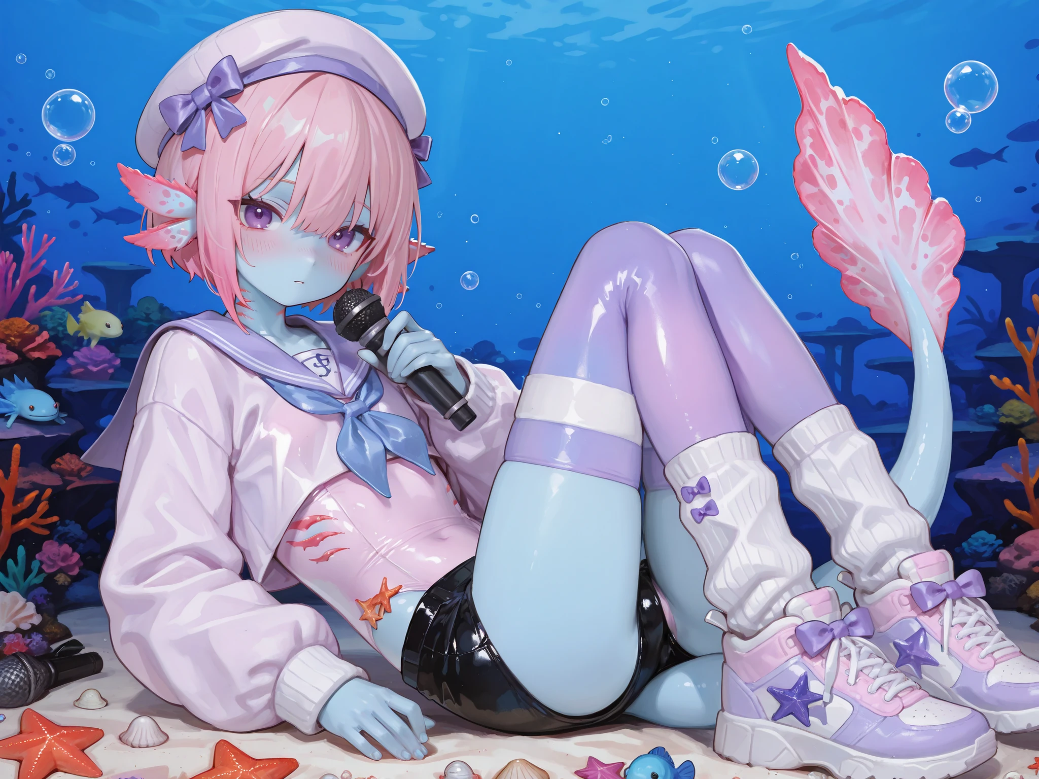 748cmstyle,puririkaaastyle,(male/boy character) The femboy idol. Beastman/furry/anthropomorphic axolotl. He has light pink skin covered with blush. He has a petite, flat-chested androgynous body structure. He has two-tone emerald-purple eyes. He has pink short hair with Two-block boy's haircut. He has six pink external gills of an axolotl on his head. He has ear fins. He has an axolotl tail with a pink fin and is decorated with a blue ribbon with a bow. He has a dorsal fin. He's wearing blue skin-tight mini shorts. He's wearing a babyblue sailor mini top decorated with purple bows. He wears babyblue sailor cap on his head. He has striped purple stockings, white warmers decorated with starfish,perls and seashells, and oversized babyblue sneakers. On the background: a marine-style stage with sea decoration algae,colorful corals, marine reef, reef fish, bubbles, microphone, spotlights, an idol concert.