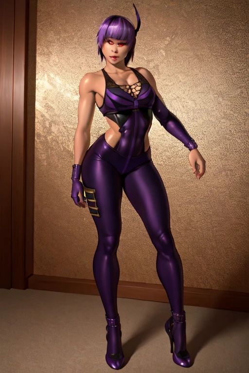 (Jill Valentine), from Resident Evil 5, long straight platinum-blonde hair, (purple spandex leotard:1.3), (brown pantyhose legs:1.2), low wedge heel booties, (huge breasts:1.2), (small hips), small butt, exposed cleavage, thin, skinny, fit, short, athletic, emphasis on her legs and feet, highly detailed face, dark eye makeup, beautiful girl, highly attractive, highly detailed skin, full body view, I can see head to toe, photorealistic, masterpiece, intricate details, HDR, 8k, backdrop of ancient ruins