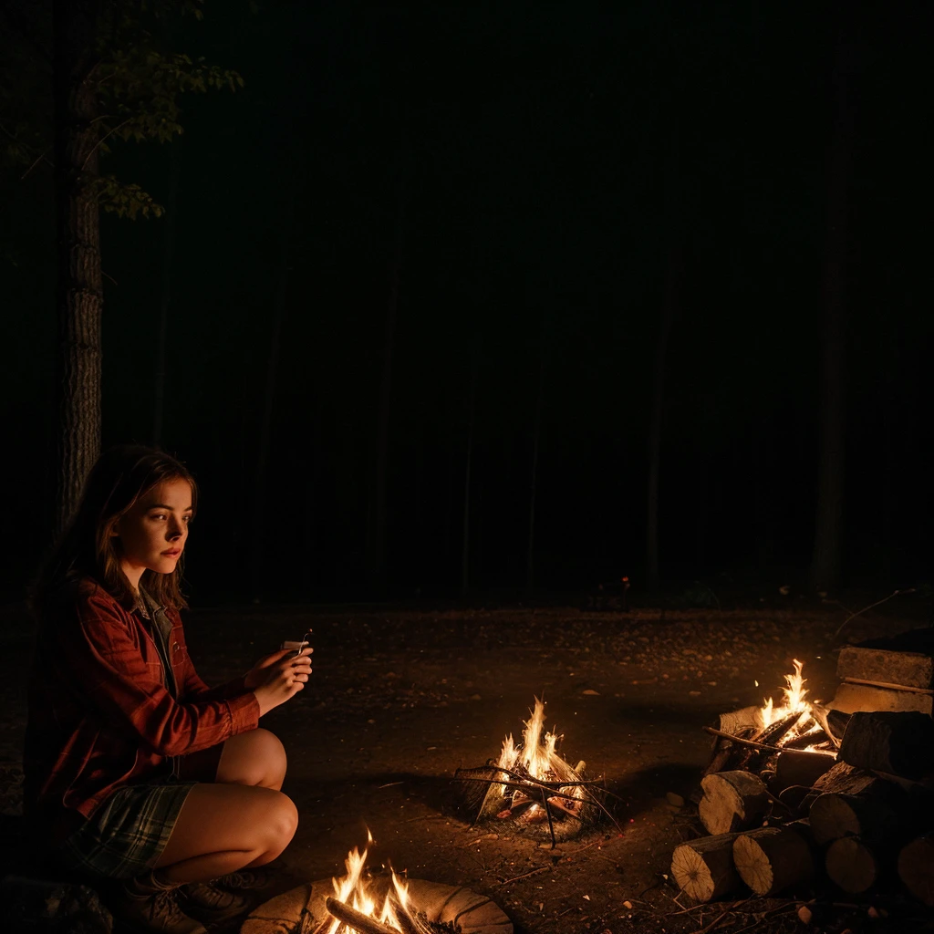 one girl sitting in the campfire art