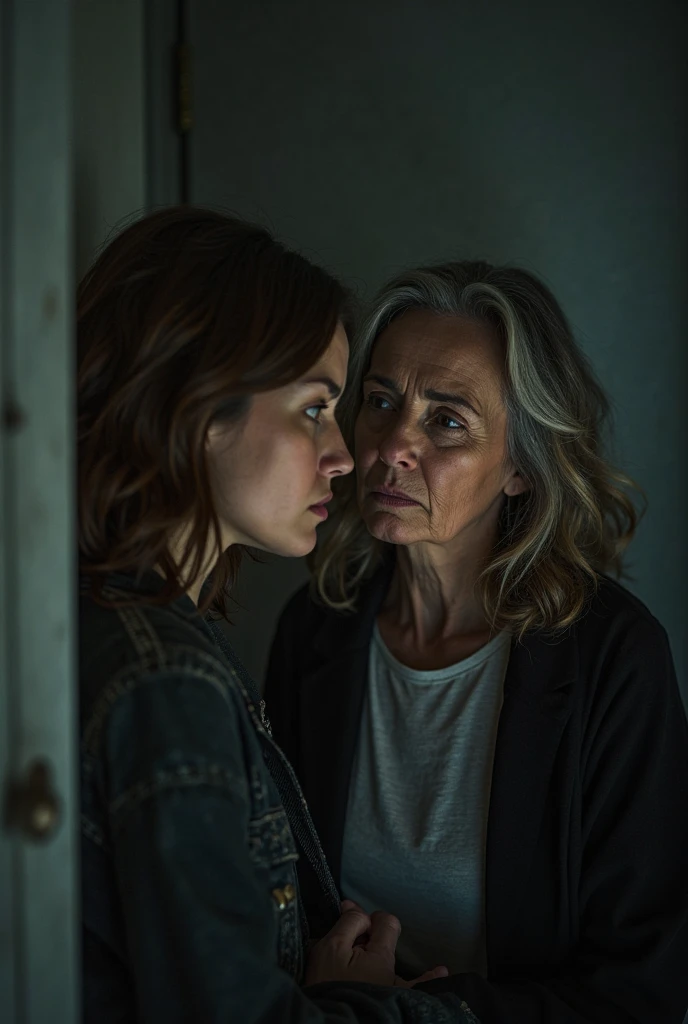 he old woman is now being pulled back inside by a second woman, who is in her late 40s or early 50s. This woman is tall, heavyset, with the same large, unsettling eyes as the old woman. Her expression is a mix of annoyance and urgency as she looks at the old woman. The background includes the dim interior of their flat, with shadows creeping along the walls, creating an ominous feeling.