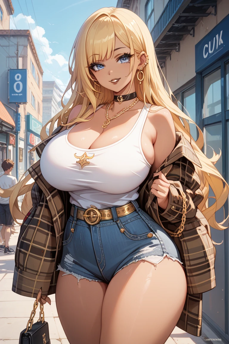 masterpiece:1.2, best quality), realistic, (real picture, intricate details, depth of field), (1girl, solo),milfication, milf, (mature female), make up, evil smile, highly-detailed, gorgeous perfect face, (large breasts), sagging breasts, (skindentation), thighs, (narrow waist), (hourglass figure), tall, (Luscious pink lips), (Voluminous dark blonde hair), (long pony tail), (big hair), [freckles], messy hair, beautiful light blue eyes, (cat ears), (cat tails), ((leopard print)), pen jacket, red jacket, bra , belt, denim skirt, freckles, necklace, bracelets, choker, painted nails, sexy, blushing, (Adult Temptress) Voluptuous, Curvy, (Seductive dynamic pose), posing, ((Deep Cleavage)), head tilt, posing, outdoors, mall, street,