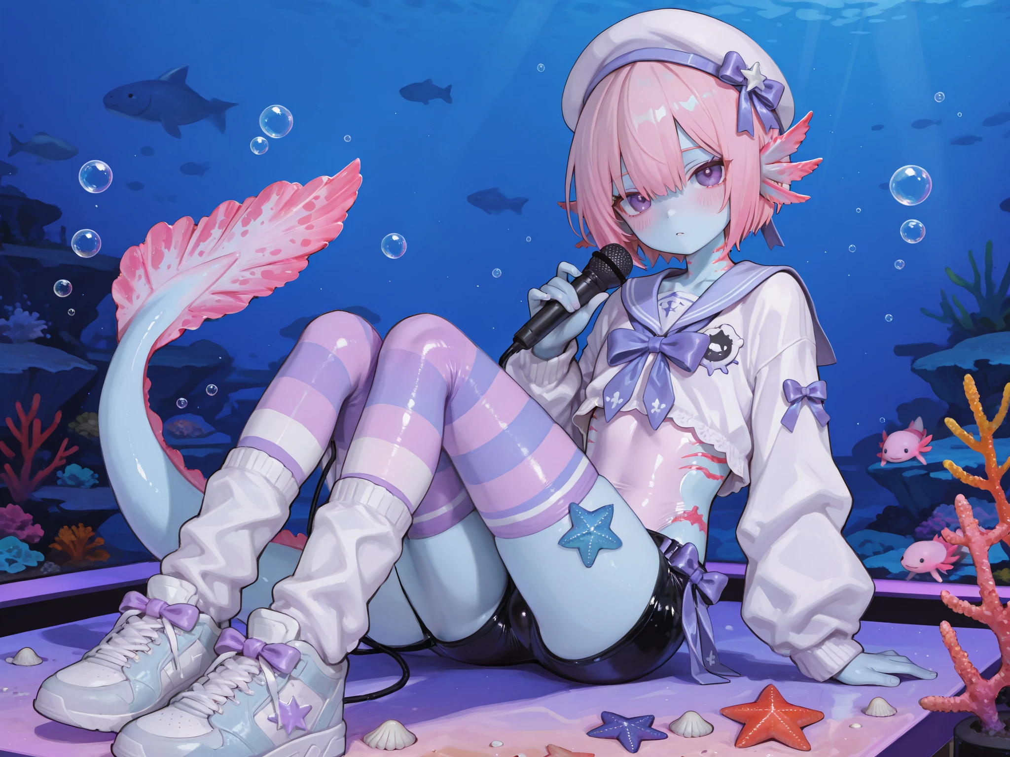 748cmstyle,puririkaaastyle,(male/boy character) The femboy idol. Beastman/furry/anthropomorphic axolotl. He has light pink skin covered with blush. He has a petite, flat-chested androgynous body structure. He has two-tone emerald-purple eyes. He has pink short hair with Two-block boy's haircut. He has six pink external gills of an axolotl on his head. He has ear fins. He has an axolotl tail with a pink fin and is decorated with a blue ribbon with a bow. He has a dorsal fin. He's wearing blue skin-tight mini shorts. He's wearing a babyblue sailor mini top decorated with purple bows. He wears babyblue sailor cap on his head. He has striped purple stockings, white warmers decorated with starfish,perls and seashells, and oversized babyblue sneakers. On the background: a marine-style stage with sea decoration algae,colorful corals, marine reef, reef fish, bubbles, microphone, spotlights, an idol concert.