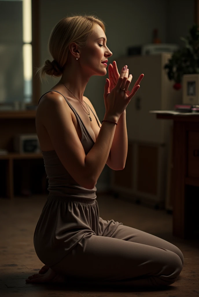 (photorealism:1.2), beautiful female teen, sitting on bed, wearing white cotton bra, very pouty facial expression, eyes open, hands in prayer, wearing black cotton pleated miniskirt, long curly blonde hair tied into a loose ponytail, indoors, secretary aesthetic, soft lighting, modern office in a skyscraper, kneeling on hardwood floor in front of mahogany desk, realistic, intricate details, warm colors, viewed from above, by Russell James