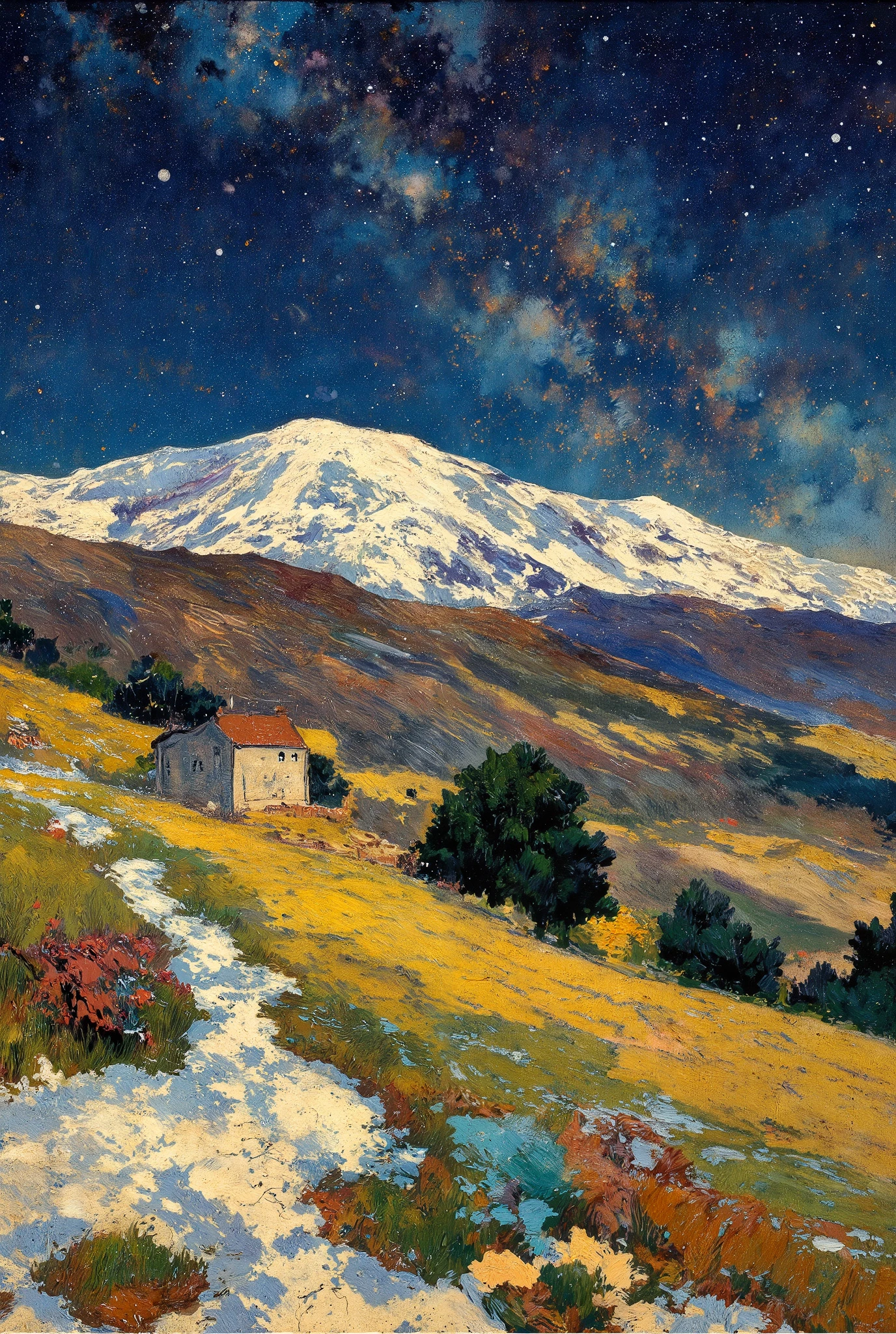 No people, Focusing on Scenery and Abstract Elements.
quiet天体交響曲: curve,peace, Shade, Magical masterpieces , top quality , A detailed panorama that combines the Pointellism of Serra with the vivid colors of Van Gogh, 2D, quiet, Vintage Serenity , On Cracked Paper , patchwork, Heavenly Dreams , Detailed Story-Style Illustration, like the movie, Super Detailed, Small Harmonious Details , Mysterious, Exquisite Starry Sky Background , Breathtaking