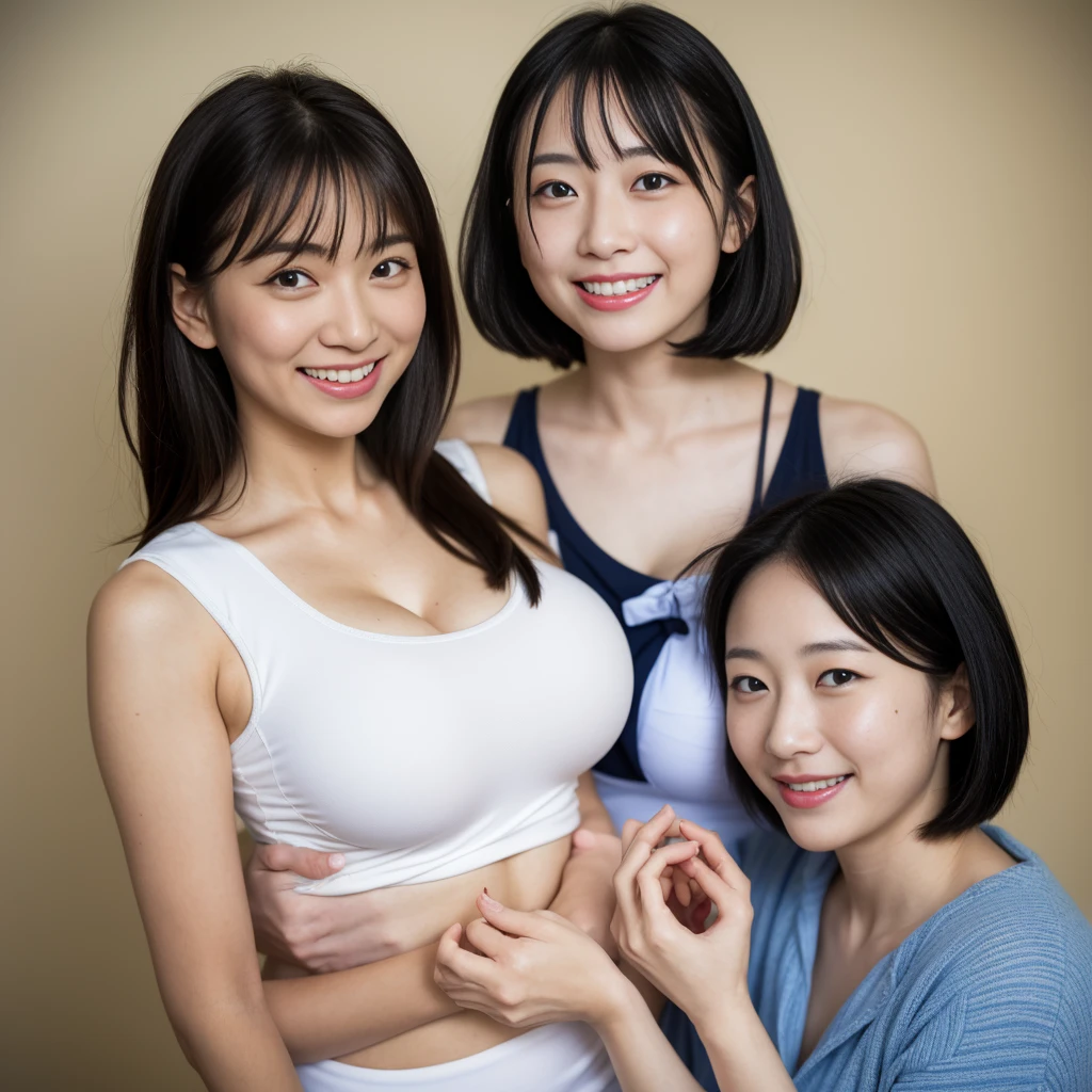 (((A group photo of the top 3 beautiful Japanese moms)))、Everyone has different types and hairstyles, but they are beautiful.、((All of them are obscene and have long breasts that are too big.))、different sexual poses、All wearing white turtleneck sleeveless knit sweaters、Full of big breasts、A room filled with the smell of meth、((Everyone emphasizes their big breasts))、living room、Past-up side-by-side group photo、Make sure everyone&#39;s boobs are clearly visible.