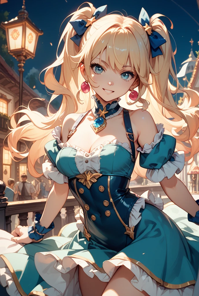 masterpiece, best quality, high quality, photorealistic, camera raw, realistic, ultra detailed, high-resolution, Raw Photo, A beautiful anime illustration of a girl with long blonde hair and blue eyes, wearing a blue bunny girl outfit. She is leaning forward seductively over a casino table, with a playful and alluring expression. The background is a luxurious casino with bright lights and detailed decor, creating a vibrant and energetic atmosphere.