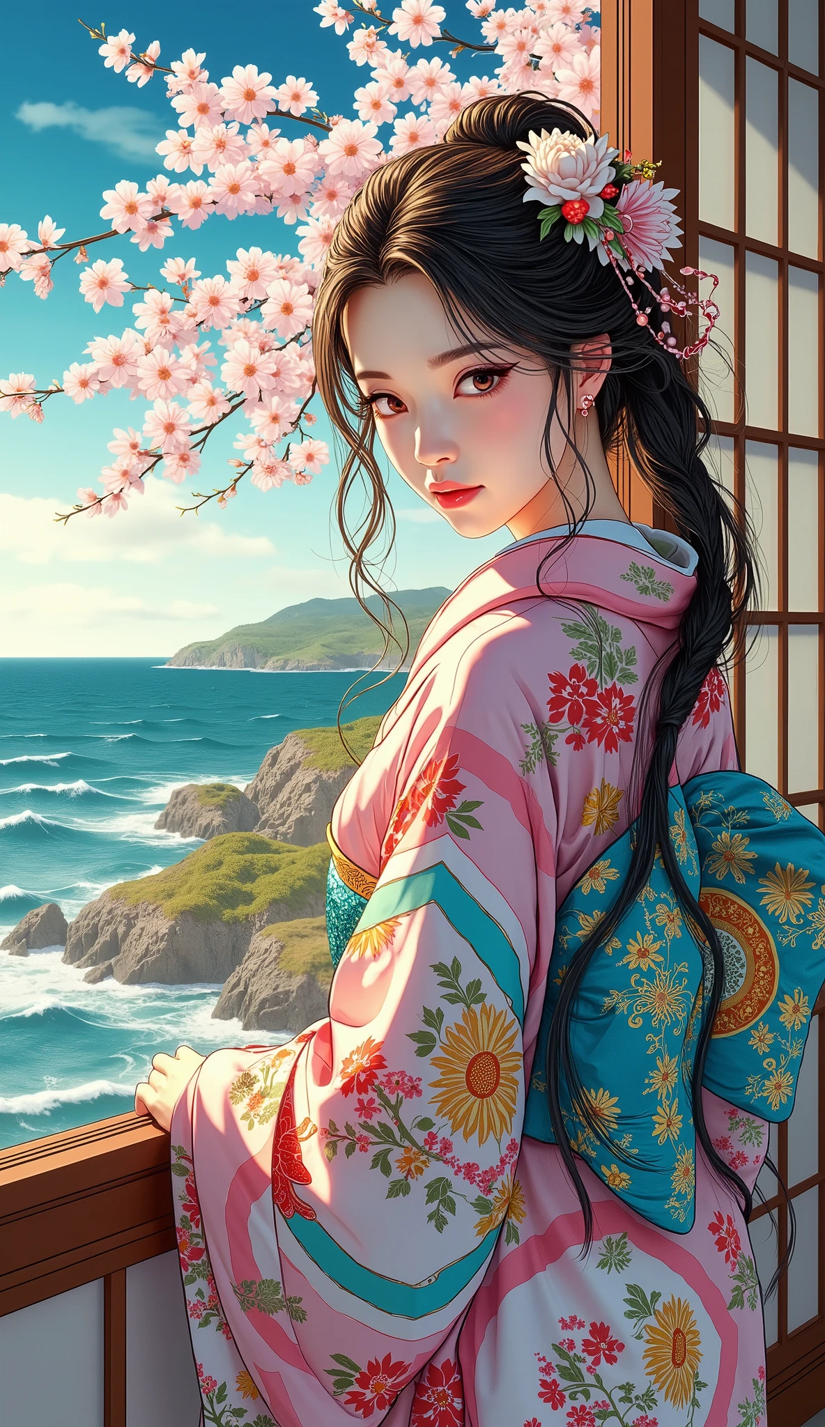 high resolution images in front of the teacher、Katsushika Hokusai manga (Beautiful Eyes、Look at every detail、multi-colored hair under arms)、Kimono that looks like a yukata、Woman looking out the window 、葛飾北斎スタイルで海辺の宿ように見えるhigh resolution images in front of the teacher、 The Beauty of Kimonos 、顔のDetails、Highest quality ukiyo-e、Details、High resolution image beauty。