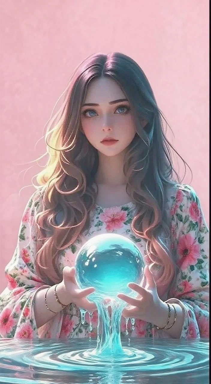 Child girl WITH STRAIGHT RED HAIR, PETROLEUM BLUE BACKGROUND, a crystal ball in her hands.