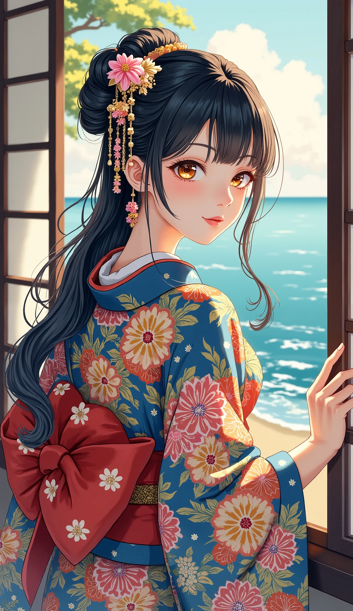 high resolution images in front of the teacher、Katsushika Hokusai manga (Beautiful Eyes、Look at every detail、multi-colored hair under arms)、Kimono that looks like a yukata、Woman looking out the window 、葛飾北斎スタイルで海辺の宿ように見えるhigh resolution images in front of the teacher、 The Beauty of Kimonos 、顔のDetails、Highest quality ukiyo-e、Details、High resolution image beauty。