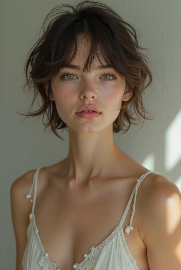 (Highest quality:1.4),(masterpiece:1.4),(Realistic:1.4),(Realistic:1.2),(超High resolution, RAW Photos:1.4),(High resolution, Very detailed:1.2),(8k:1.2),photograph,brown hair photos,Her hairstyle is a short bob with bangs....,One Girl,alone,(In lace underwear),((whole body:1.3))