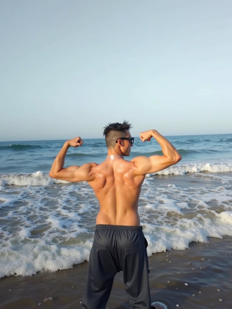 There is a man who is flexing his muscles on the beach, Posar e flexionar, posando em uma praia com o oceano, flexing large muscles, depressed dramatic bicep pose, arms akimbo pose, posando na praia, Flexionando, Pose forte, bodybuilder physique, absurdly muscular physique, Pose de perfil, fisiculturista posando, pose poderosa, standing athletic pose