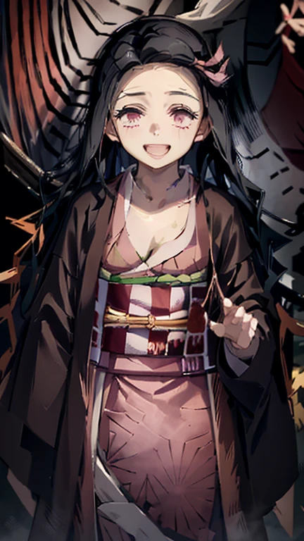 (chef-d&#39;artwork, best quality:1.2),nezuko de face nue nous regardant en souriant (gros seins) (pas d'habit (nue) (tout le corp)