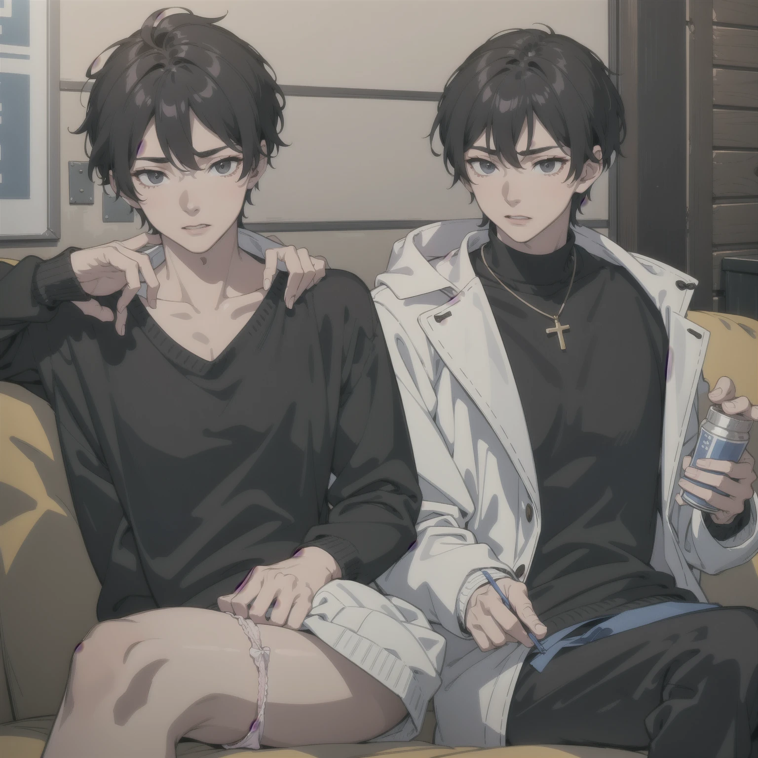 A boy with short hair, bangs that cover the eyes, fluffly, and blushed, de 16 anos, with a big, baggy sweatshirt with a skull print, wearing short shorts, and an effeminate male body, dark blue black hair, cor da pele, pale white, do it on a bed with legs open Do just one character 