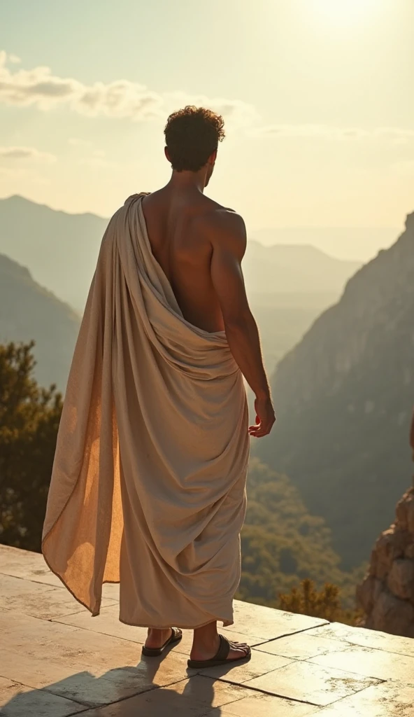A male stoic philosopher with a well-proportioned and attractive physique, not excessively muscular. He is wearing classic tunics, slightly transparent, that gently drape over his body, subtly revealing parts of his shoulder, with a very short and well-groomed beard, and wavy, well-stylised hair. He is in a dark room, examining a crack in the wall with a look of concern and focus. His expression reflects a sense of urgency and contemplation. The scene is set in a vibrant, impressionist landscape with rich colors and dynamic brushstrokes, creating a sense of movement and emotion. The background has a subtle texture that adds depth but complements the text without overpowering it.”