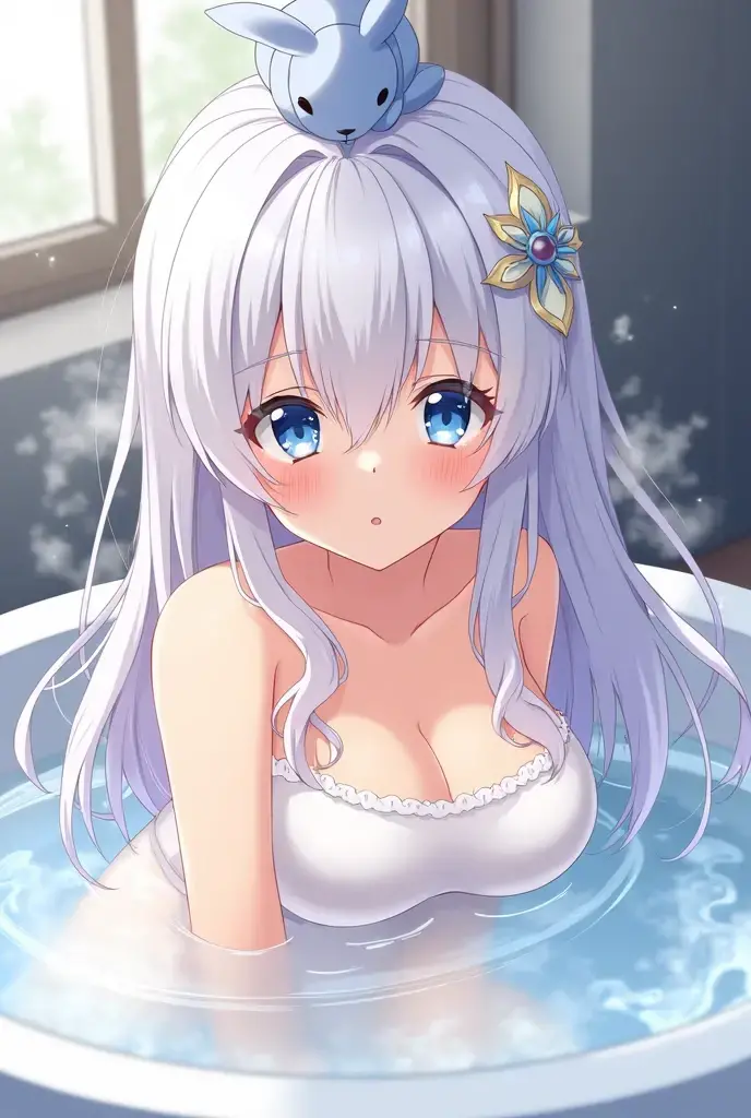 make a picture of a 24 year old girl in the shower with an extremely huge ass, white and blonde, with big tits, blue eyes, anime where you can see their feet in sandals

