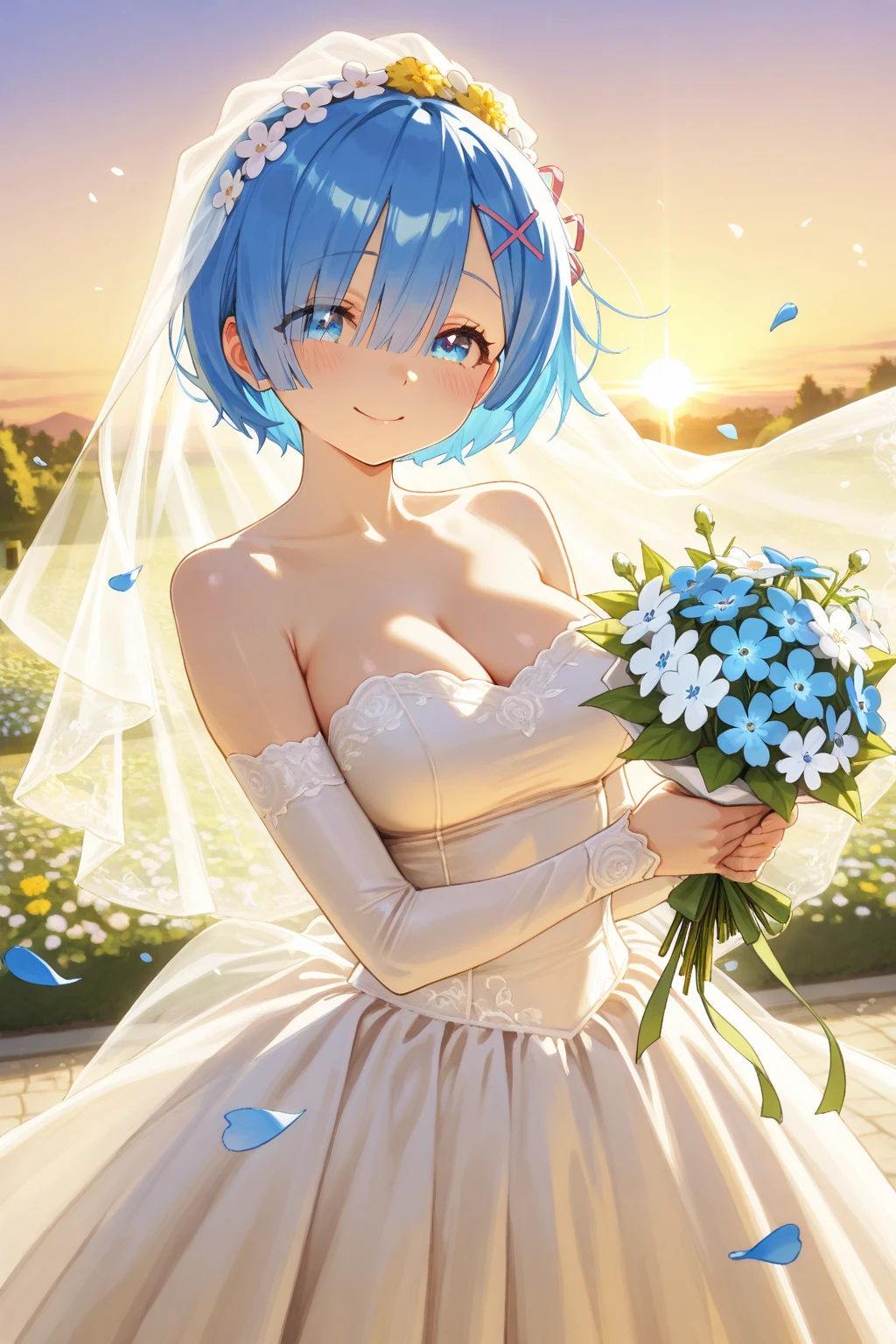 masterpiece, best quality, highres, aarem, short hair, hair flower, bridal veil, x hair ornament, hair over one eye, large breasts, necklace, collarbone, cleavage, white bra, detached sleeves, white skirt, miniskirt, thigh gap, <lora:rem_v1:0.8>, standing, cowboy shot, garden, bouquet, holding bouquet, confetti,