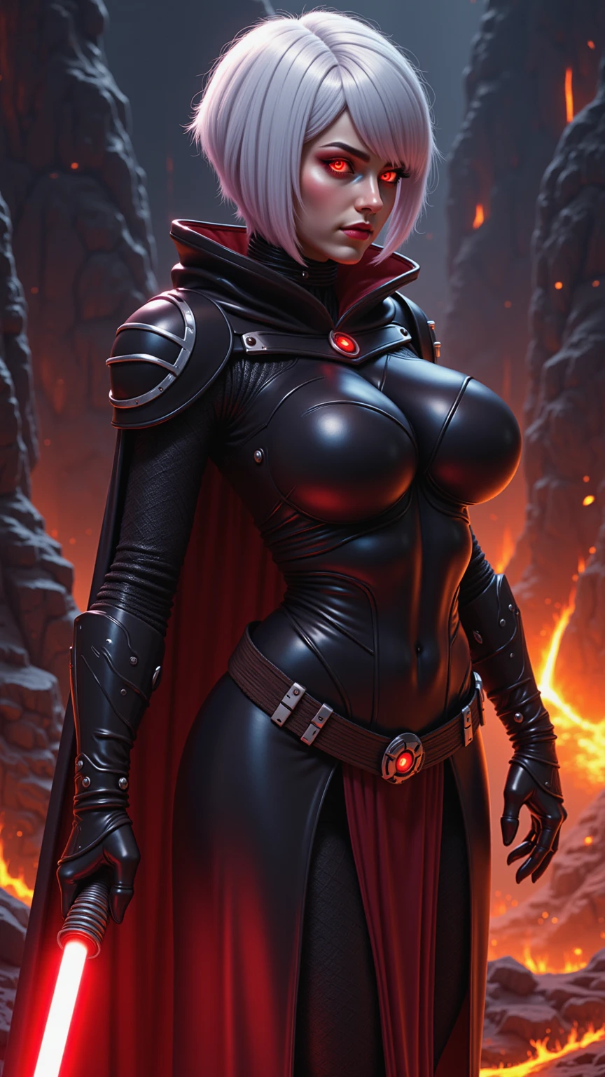 Brutal Red Skin Twi'lek with huge breasts wearing futuristic ((sleek (black) tunic)), robes, cowl, cape, huge breasts, slim hips, small waist, full-body shot