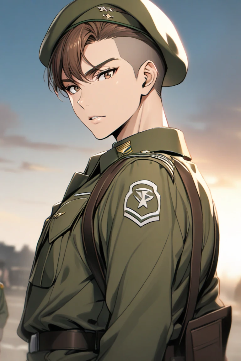 masterpiece, best quality, photorealistic, 1boy, solo, male focus, looking at viewer, upper body, , (watercolor illustration, soft pastel colors:1.1), , <lora:rihito_sawaguchi:0.66>, rihito_sawaguchi, brown hair, grey eyes, camo costume, The Tower of Oblivion: A stronghold where forgotten secrets and dark magic are hidden, 8k resolution