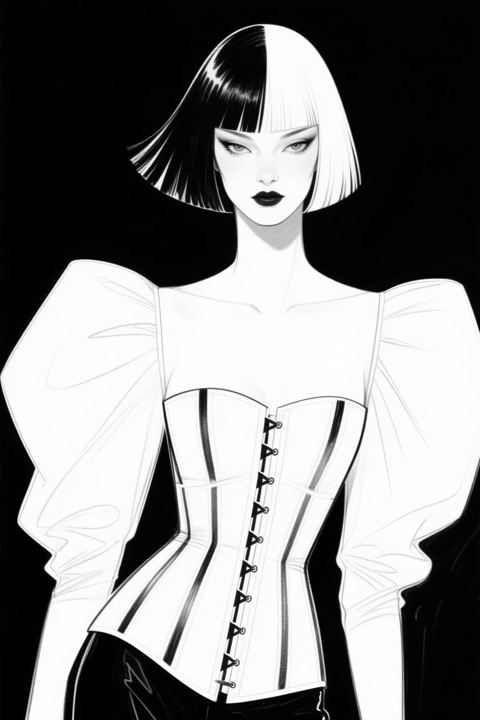 score_9, score_8_up, score_7_up, score_6_up BREAK masterpiece, best quality, high quality, detailed clothes, detailed, monochrome, sketch, 1girl, sp1t, solo, slim, pale skin tone, beauty mark, dark lipstick, regal dressing, fur trimmed black dress, dark background, bun hairstyle