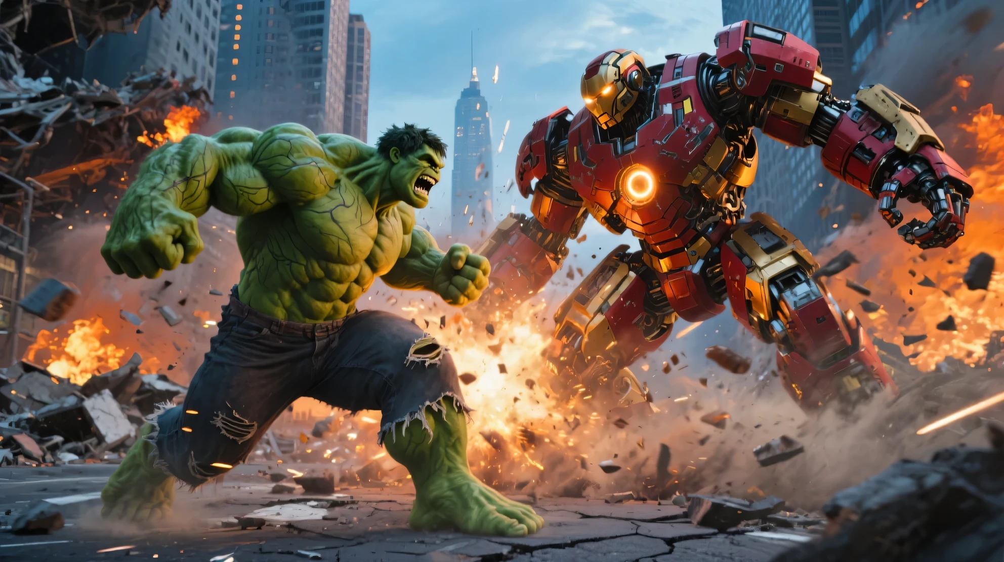 Ultimate echo echo Ben 10 alien vs hulk square ai image, both angry in battlefield with fire around them 