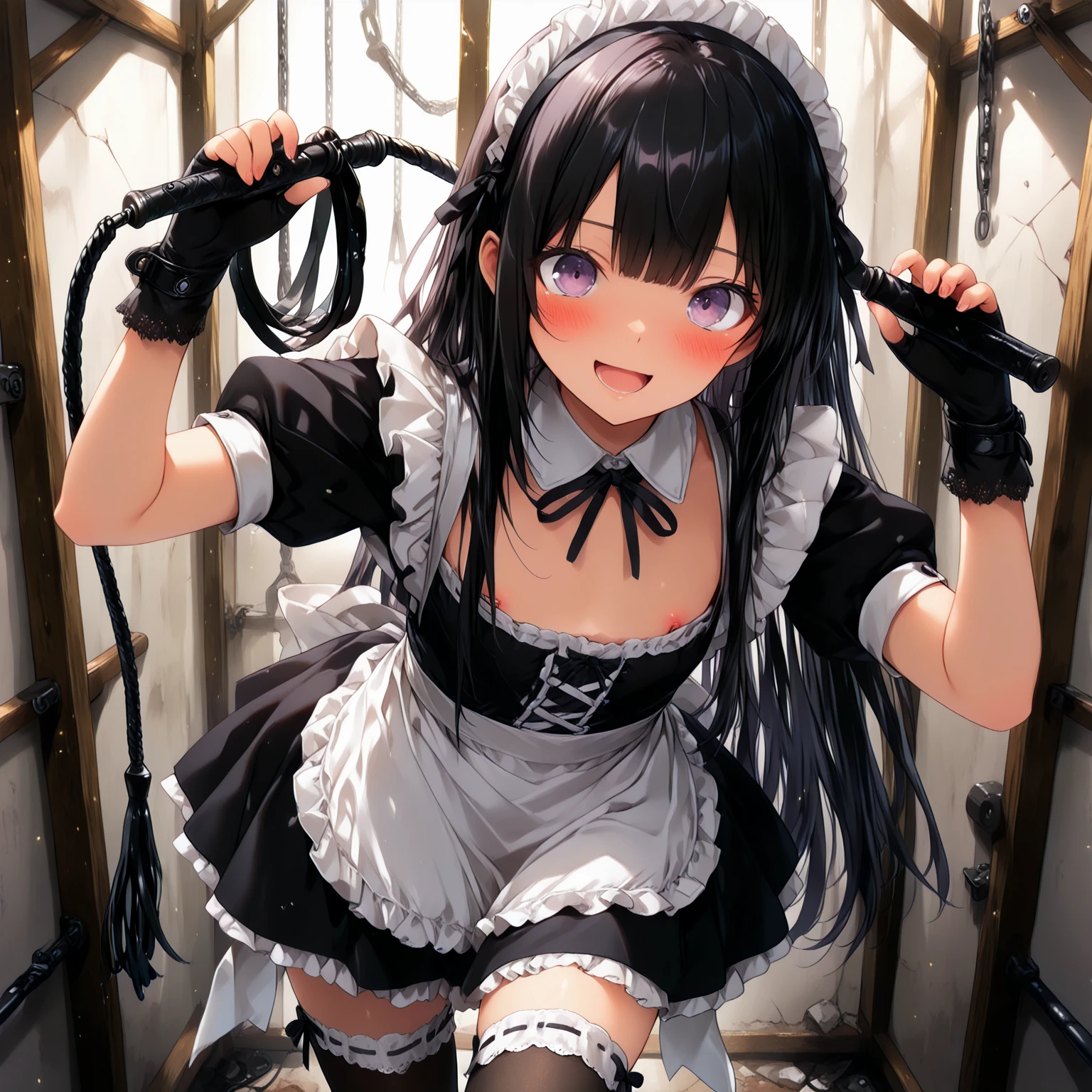 best quality, (guro), girl, (loli), kawaii, long hair, embarrassed , blush, shy, nose blush , (small breasts), black kneehighs, ((shibari)), rope, cuffs, (tapegag),