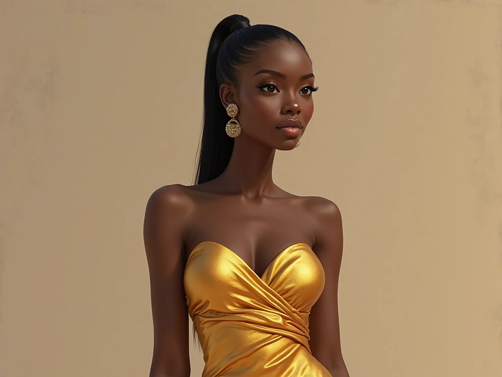 Preeteen, dark brown skin girl,16 years old, huge gorgeous afro hair and big eyes, wearing a dress, soft expression. semi realistic. flat figure,