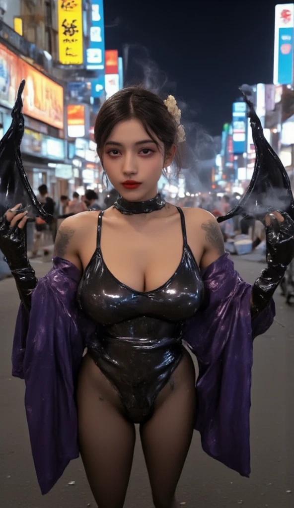(raining day:1 bun lady,Purple hair combed into a bun, Kneeling pose), tmasterpiece, best qualtiy, RAW photogr, realisticlying, the face, Incredibly Ridiculous res, Beautiful elf beauty, ear studs,Get wet all over, (Light purple ultra-short hair,hair-bun), black formal,tiese,(black lence stockings),(no shoe),depth of fields, A high resolution, ultra - detailed, filigree, RAWE is very detailed, very detailed eyes and faces, Sharp pupils, realistic pupil, tack sharp focus, cinmatic lighting,full bodyesbian,Bigboobs,long leges,From the front side,Main street on a rainy day,dynamicposes