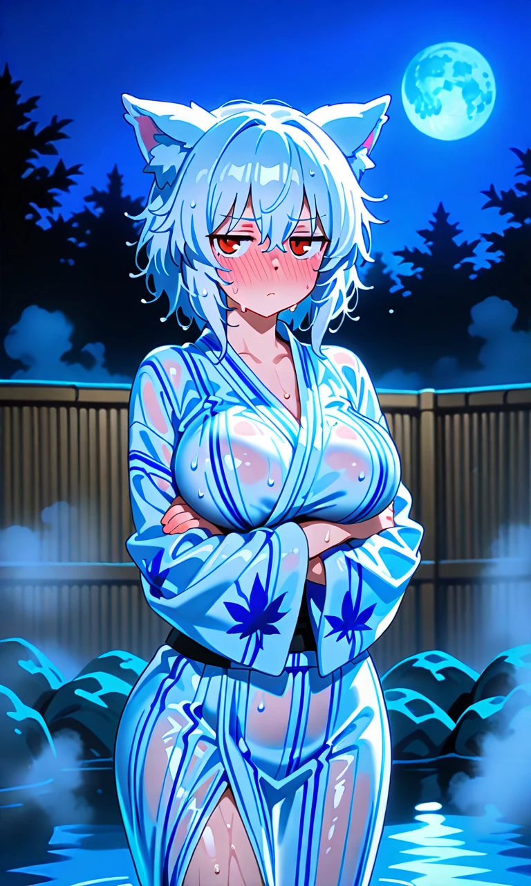 masterpiece, best quality, yumi (senran kagura), short hair, white japanese clothes, bare shoulders, breasts, cleavage, embarrassed, thighhighs, looking to the side, <lora:senran_kagura-000012:0.9>