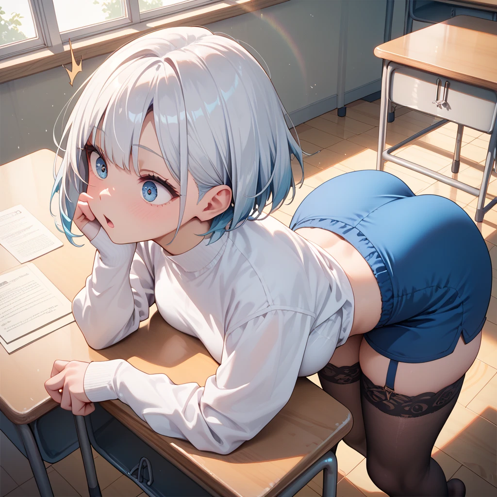 (8k, Highest quality, masterpiece:1.3)), Ultra-high resolution, (1 girl, alone), (Color changing eyes, Very detailed, Expressive shine, Sparkling eyes), Very detailed Eyes, Very detailed Face, Random Hair, (Silver grey color), Fitted Tank Top, Checked mini skirt, Hoop Earrings, long blonde Hair, (Cute Panties:1.5), (Embarrassed expression:1.2), (classroom, sunrise:1.3), Rear angle, On all fours, Pussy juice splatters on the floor, Pussy juice stain, pregnant