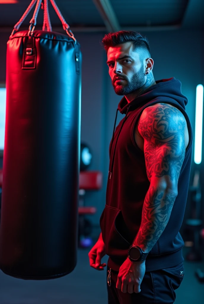 Zane Blackstone finishes his workout routine, sweat glistening on his chiseled physique. He grabs a towel and wipes his face, his piercing gaze surveying the training room.